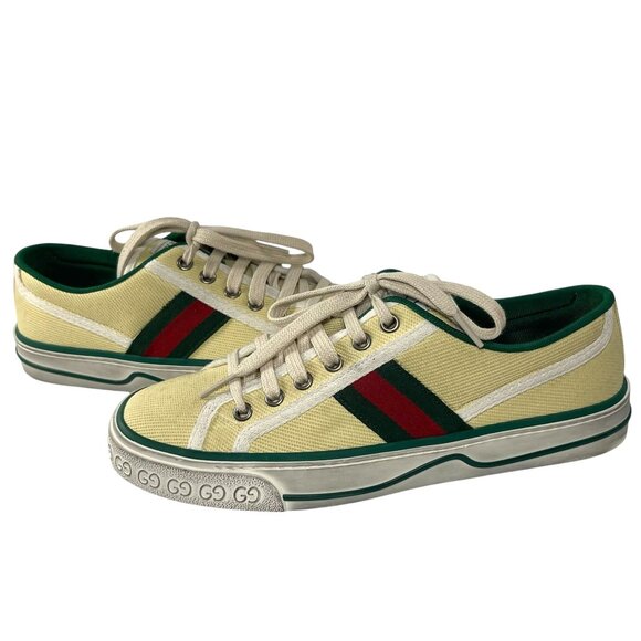 GUCCI Tennis 1977 Old Multicolor Canvas Tweed Butter Yellow Womens 38 8 - Picture 1 of 12